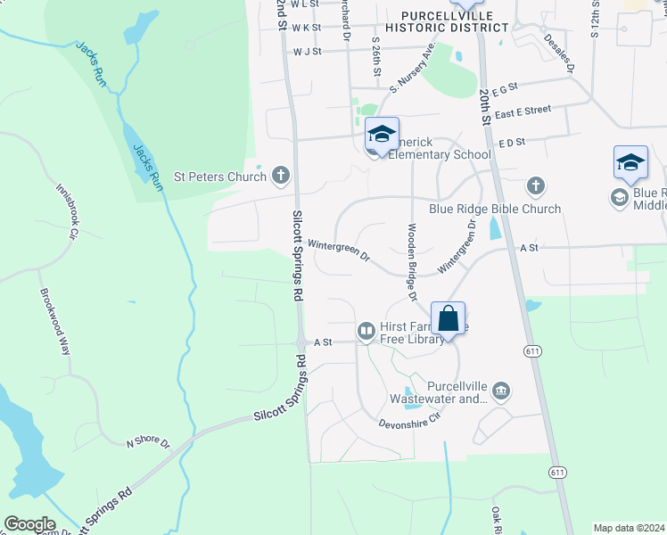 map of restaurants, bars, coffee shops, grocery stores, and more near 816 Woodbine Court in Purcellville