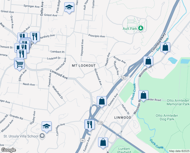map of restaurants, bars, coffee shops, grocery stores, and more near 1071 Richwood Avenue in Cincinnati