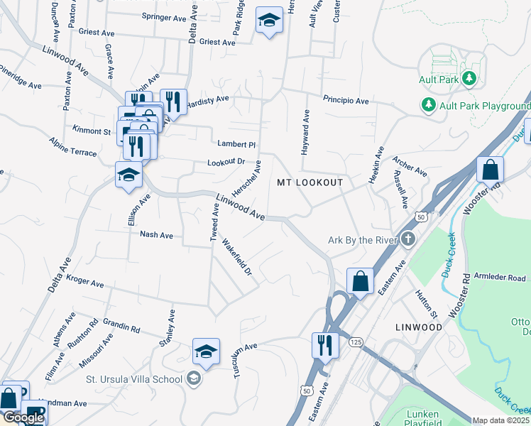 map of restaurants, bars, coffee shops, grocery stores, and more near 3462 Linwood Avenue in Cincinnati