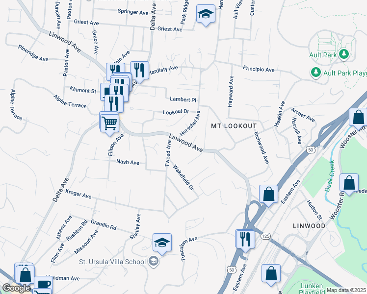 map of restaurants, bars, coffee shops, grocery stores, and more near 884 Zan Court in Cincinnati
