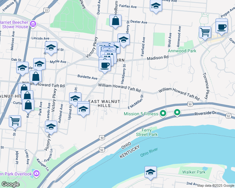 map of restaurants, bars, coffee shops, grocery stores, and more near in Cincinnati
