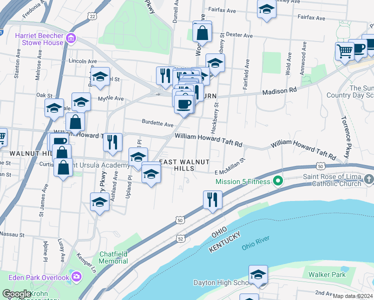 map of restaurants, bars, coffee shops, grocery stores, and more near 2515 Moorman Avenue in Cincinnati