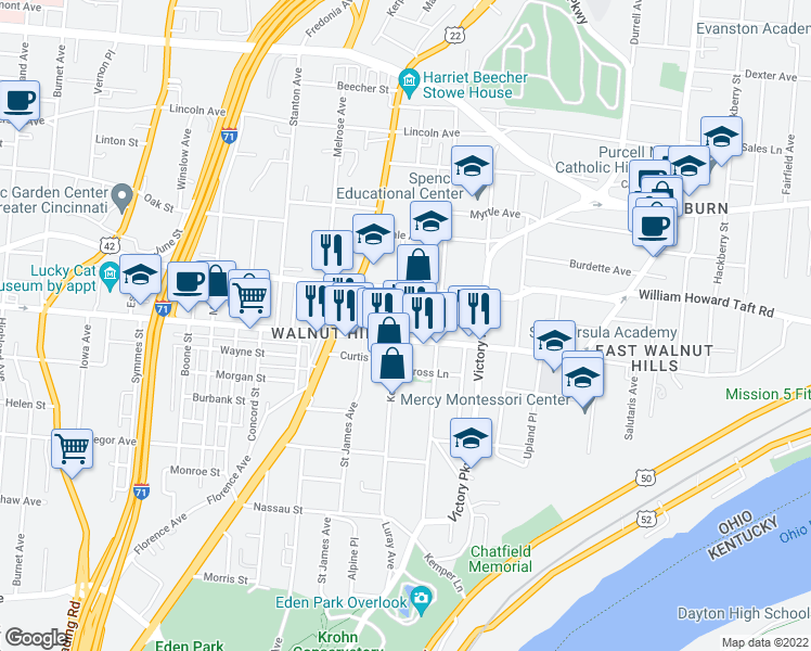 map of restaurants, bars, coffee shops, grocery stores, and more near 2500 Kemper Lane in Cincinnati