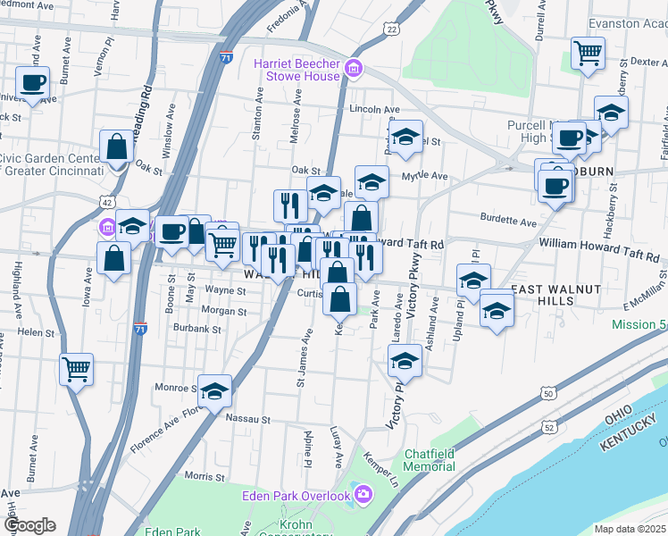 map of restaurants, bars, coffee shops, grocery stores, and more near 939 East McMillan Street in Cincinnati