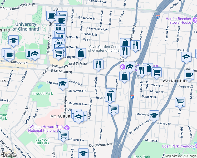 map of restaurants, bars, coffee shops, grocery stores, and more near 2499 U.S. 42 in Cincinnati