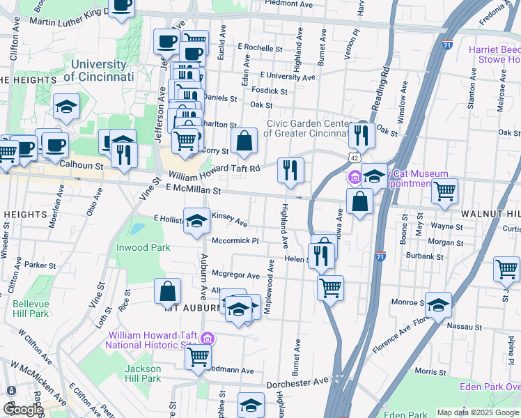 map of restaurants, bars, coffee shops, grocery stores, and more near 2474 Paris Street in Cincinnati