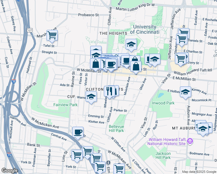 map of restaurants, bars, coffee shops, grocery stores, and more near 2336 Wheeler Street in Cincinnati