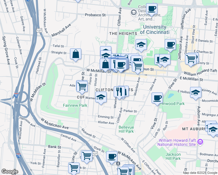 map of restaurants, bars, coffee shops, grocery stores, and more near 2328 Chickasaw Street in Cincinnati
