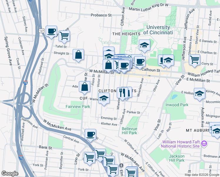 map of restaurants, bars, coffee shops, grocery stores, and more near 2328 Chickasaw Street in Cincinnati