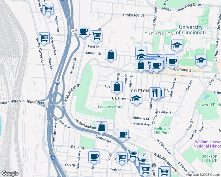 map of restaurants, bars, coffee shops, grocery stores, and more near 412 Tillotson Street in Cincinnati