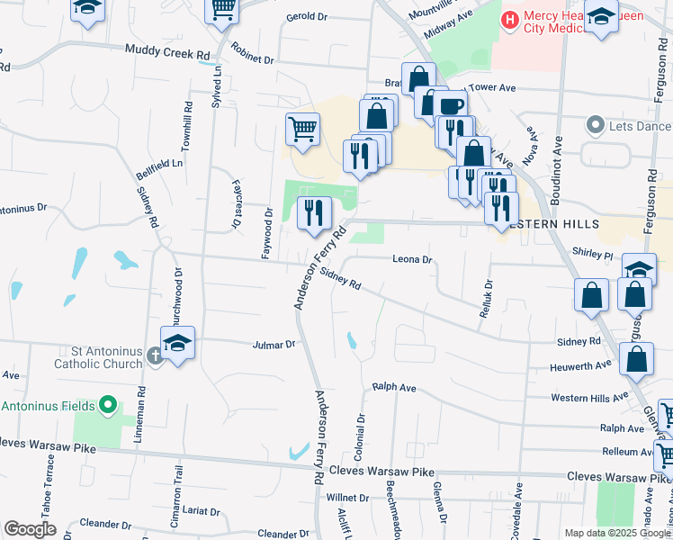 map of restaurants, bars, coffee shops, grocery stores, and more near 5333 Sidney Road in Cincinnati