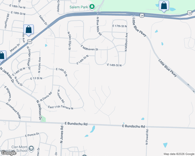 map of restaurants, bars, coffee shops, grocery stores, and more near 1307 North Old Mill Road in Independence
