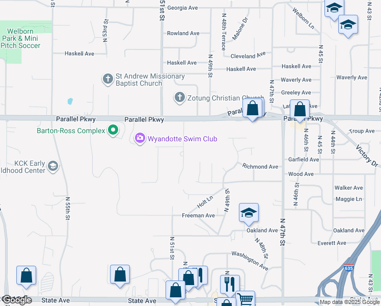 map of restaurants, bars, coffee shops, grocery stores, and more near 1827 North 50 Terrace in Kansas City