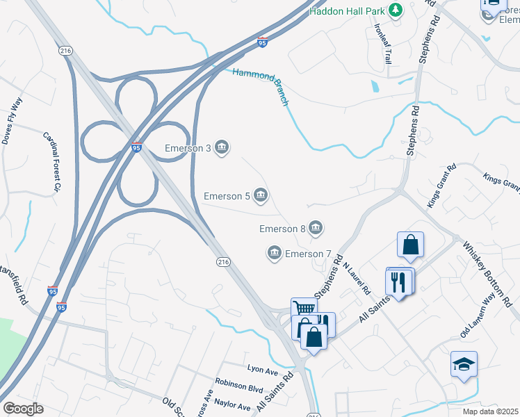 map of restaurants, bars, coffee shops, grocery stores, and more near 9111 Sterling Drive in Laurel