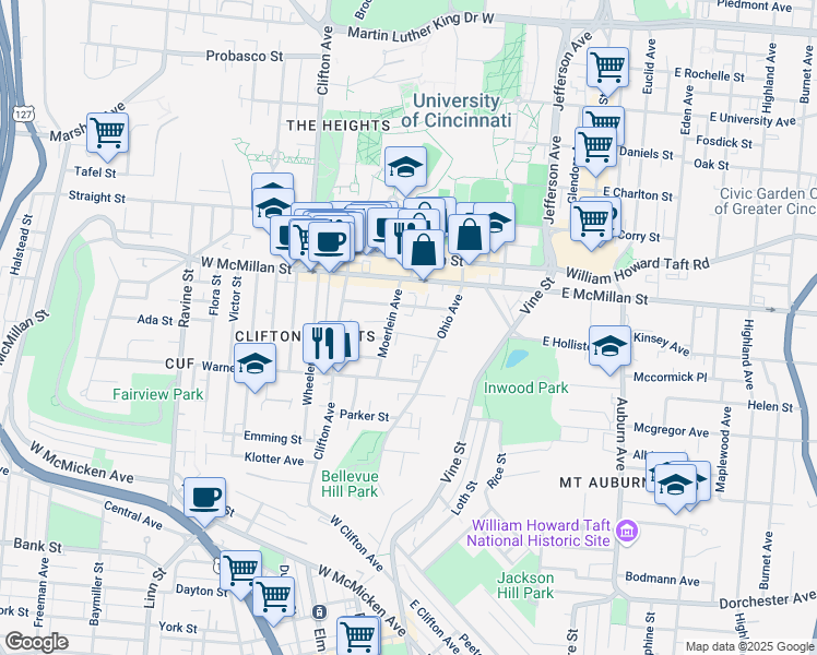 map of restaurants, bars, coffee shops, grocery stores, and more near 132 Detzel Place in Cincinnati
