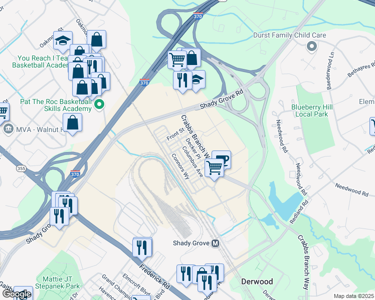 map of restaurants, bars, coffee shops, grocery stores, and more near 8091 Tribeca Street in Derwood