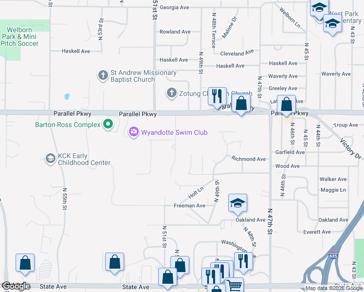 map of restaurants, bars, coffee shops, grocery stores, and more near 1827 North 50 Terrace in Kansas City