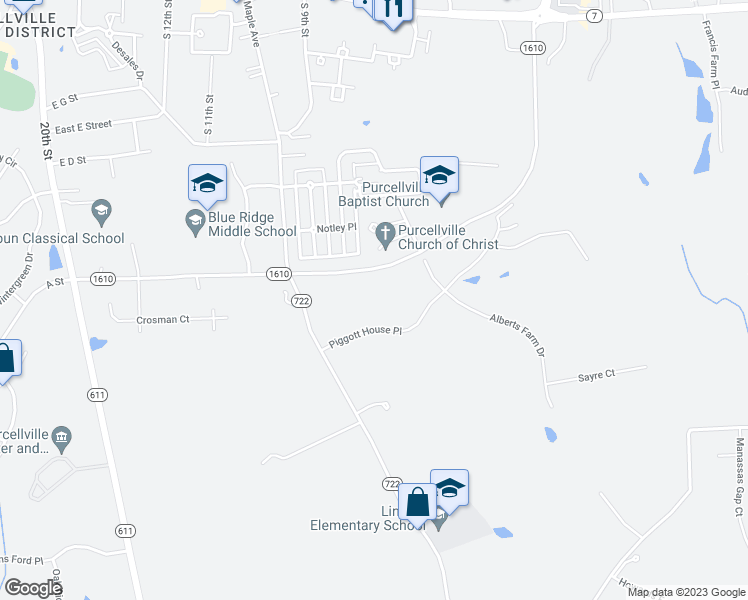 map of restaurants, bars, coffee shops, grocery stores, and more near 37714 Piggott House Place in Purcellville