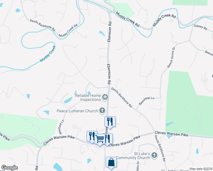 map of restaurants, bars, coffee shops, grocery stores, and more near 1723 Devils Backbone Road in Cincinnati