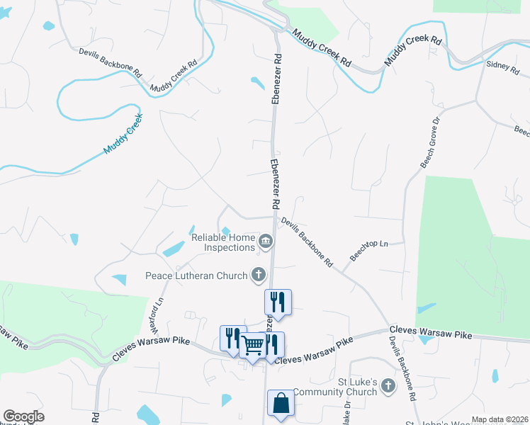 map of restaurants, bars, coffee shops, grocery stores, and more near 1723 Devils Backbone Road in Cincinnati