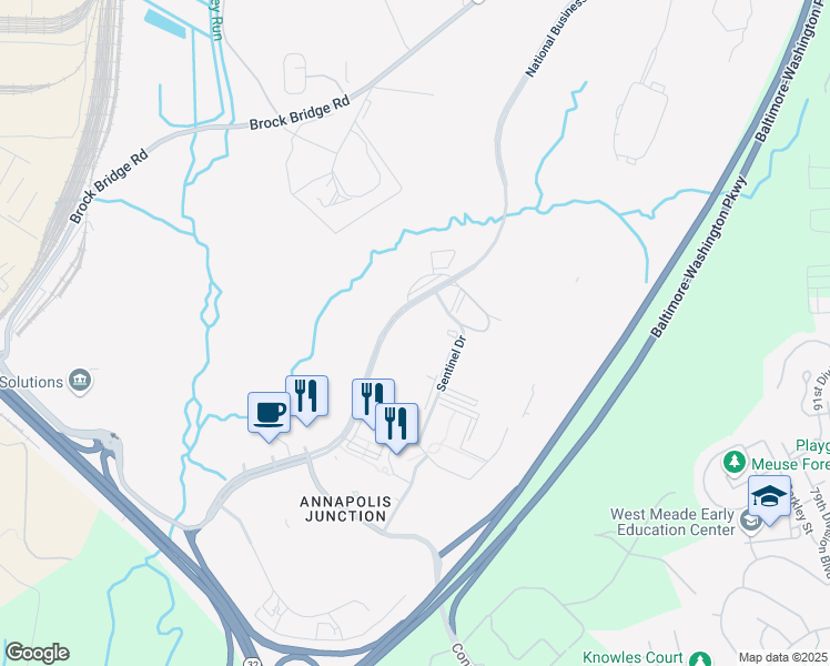 map of restaurants, bars, coffee shops, grocery stores, and more near 141 National Business Parkway in Jessup