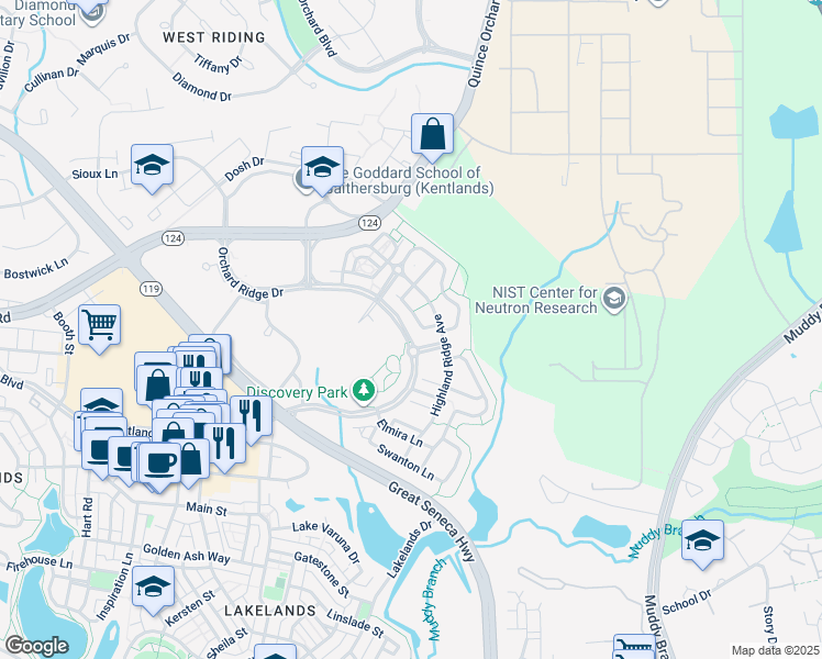 map of restaurants, bars, coffee shops, grocery stores, and more near 568 Orchard Ridge Drive in Gaithersburg