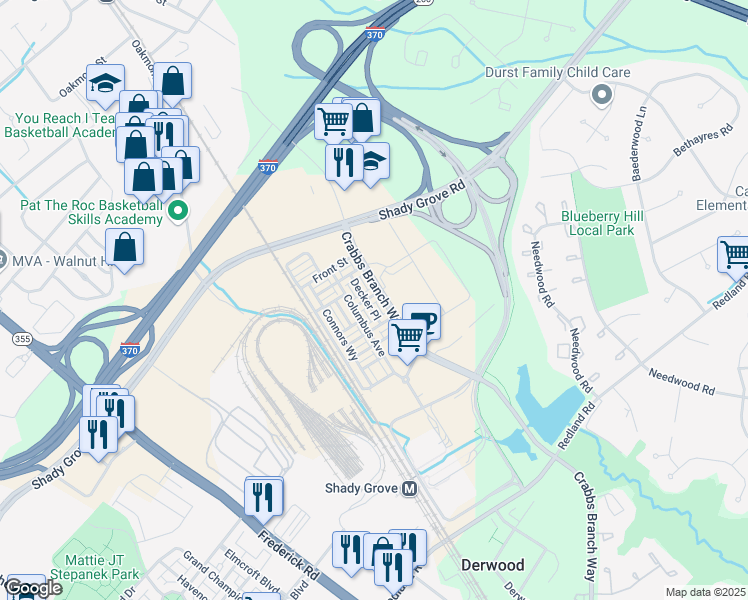 map of restaurants, bars, coffee shops, grocery stores, and more near 8042 Tribeca Street in Derwood