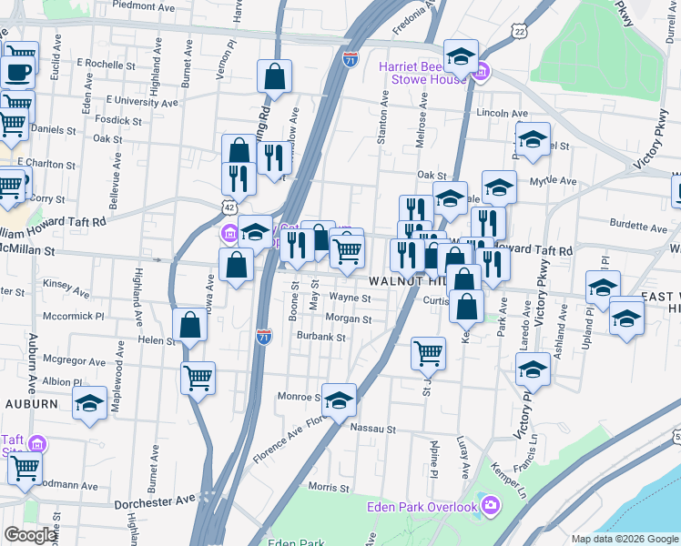 map of restaurants, bars, coffee shops, grocery stores, and more near 731 East McMillan Street in Cincinnati