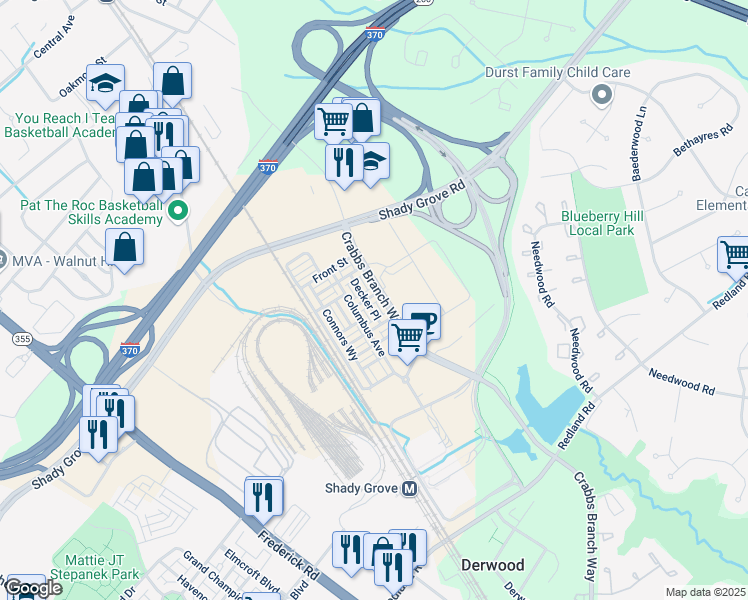 map of restaurants, bars, coffee shops, grocery stores, and more near 8042 Tribeca Street in Derwood