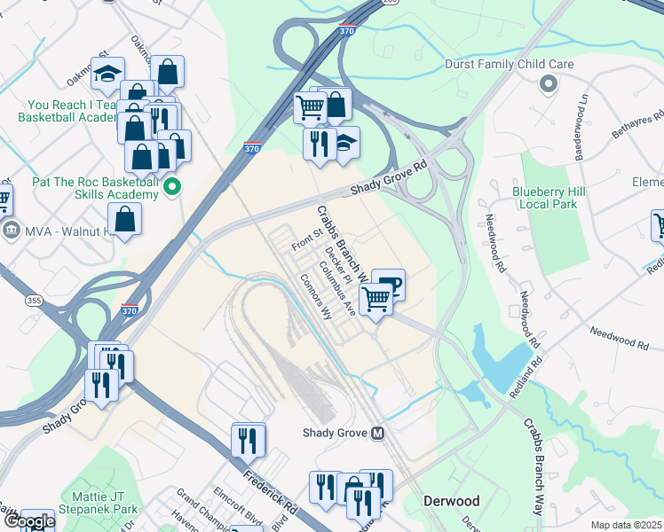 map of restaurants, bars, coffee shops, grocery stores, and more near 8079 Tribeca Street in Derwood