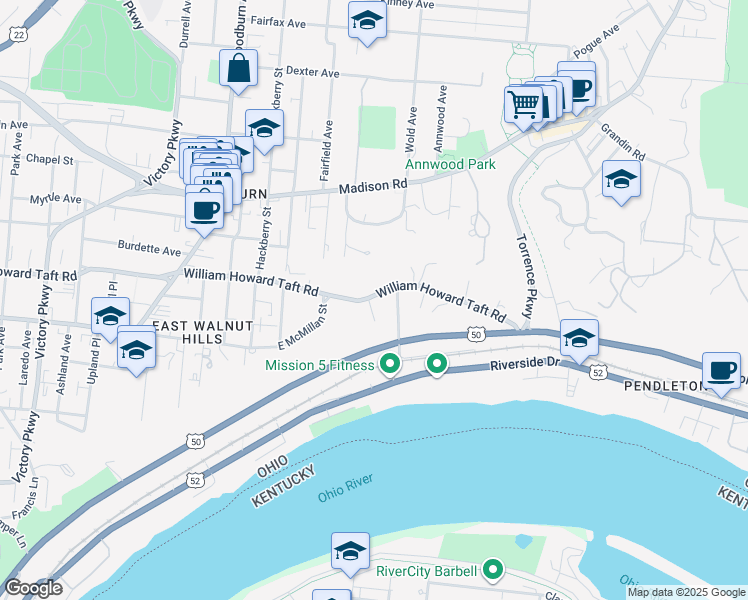 map of restaurants, bars, coffee shops, grocery stores, and more near 1789 William Howard Taft Road in Cincinnati