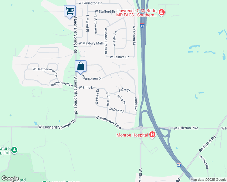 map of restaurants, bars, coffee shops, grocery stores, and more near 3401-3499 Reba Street in Bloomington