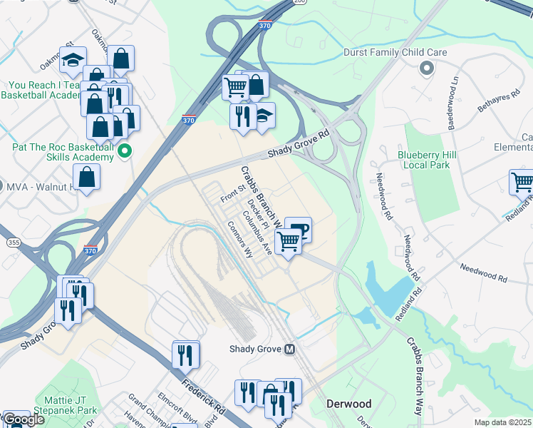 map of restaurants, bars, coffee shops, grocery stores, and more near 8030 Tribeca Street in Rockville