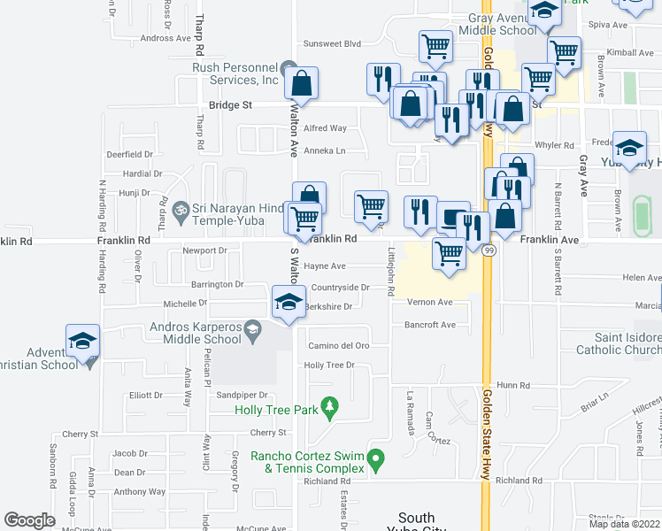 map of restaurants, bars, coffee shops, grocery stores, and more near 1505 Hayne Avenue in Yuba City
