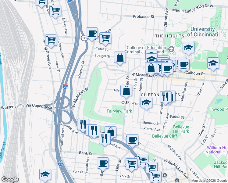 map of restaurants, bars, coffee shops, grocery stores, and more near 2321 Muriel Court in Cincinnati