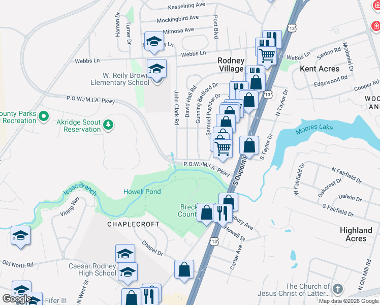 map of restaurants, bars, coffee shops, grocery stores, and more near 104 Charles Polk Road in Dover