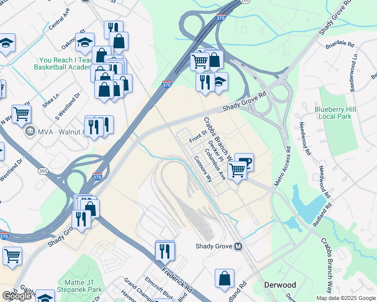 map of restaurants, bars, coffee shops, grocery stores, and more near 16324 Connors Way in Derwood
