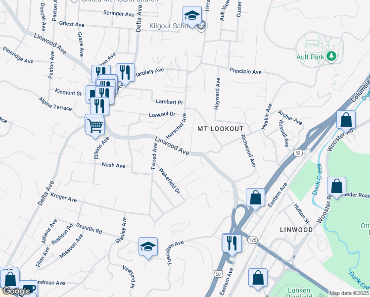 map of restaurants, bars, coffee shops, grocery stores, and more near 3462 Linwood Avenue in Cincinnati