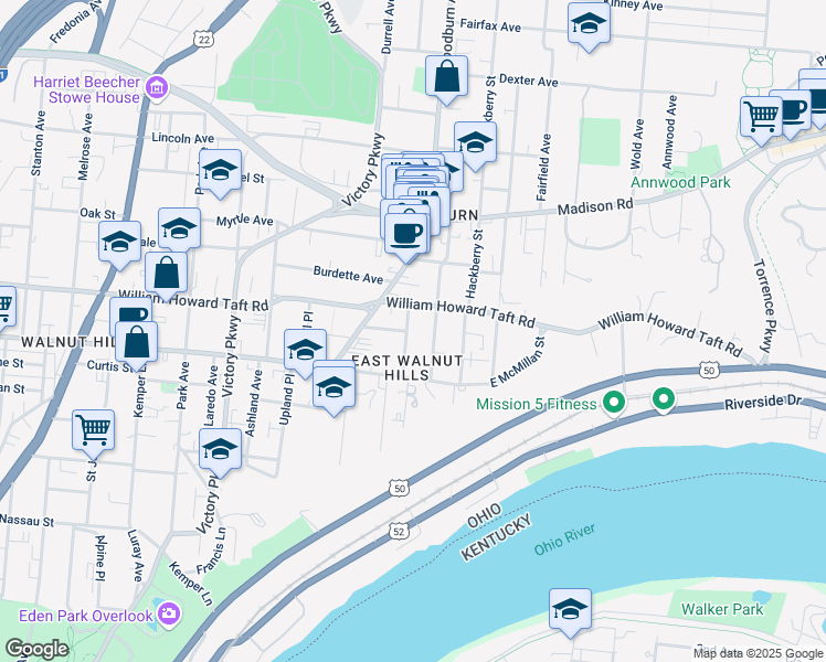 map of restaurants, bars, coffee shops, grocery stores, and more near 2515 Moorman Avenue in Cincinnati