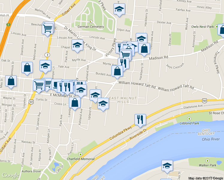 map of restaurants, bars, coffee shops, grocery stores, and more near 1423 Locust Street in Cincinnati