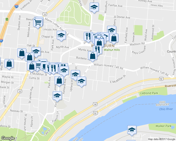 map of restaurants, bars, coffee shops, grocery stores, and more near 7 Woodburn Avenue in Cincinnati