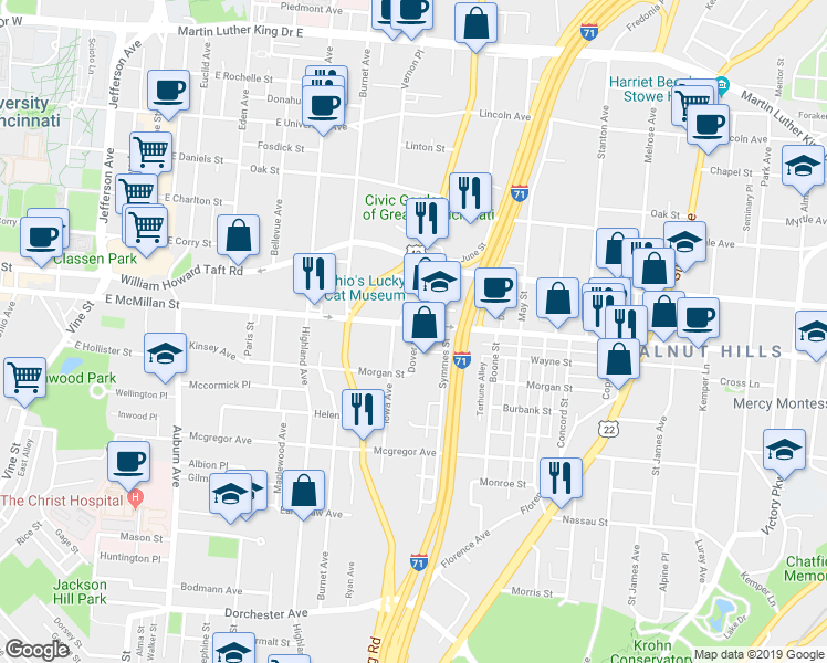 map of restaurants, bars, coffee shops, grocery stores, and more near 2427 Dover Street in Cincinnati
