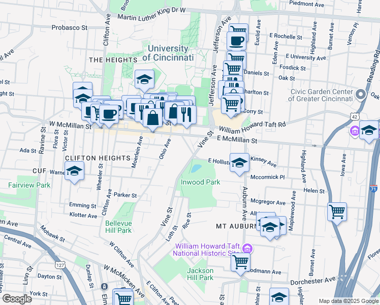 map of restaurants, bars, coffee shops, grocery stores, and more near 2385 Vine Street in Cincinnati