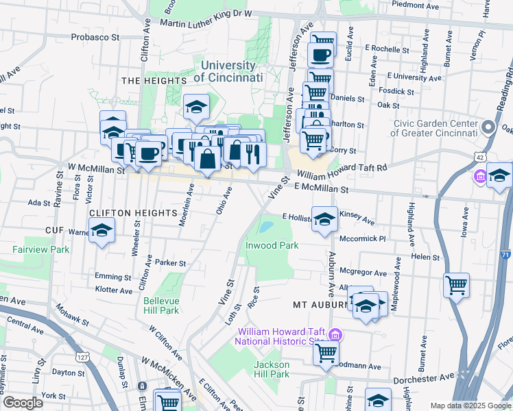 map of restaurants, bars, coffee shops, grocery stores, and more near 2385 Vine Street in Cincinnati