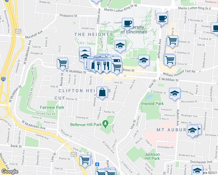 map of restaurants, bars, coffee shops, grocery stores, and more near 228 Atkinson Street in Cincinnati