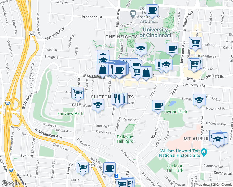 map of restaurants, bars, coffee shops, grocery stores, and more near 2336 Wheeler Street in Cincinnati