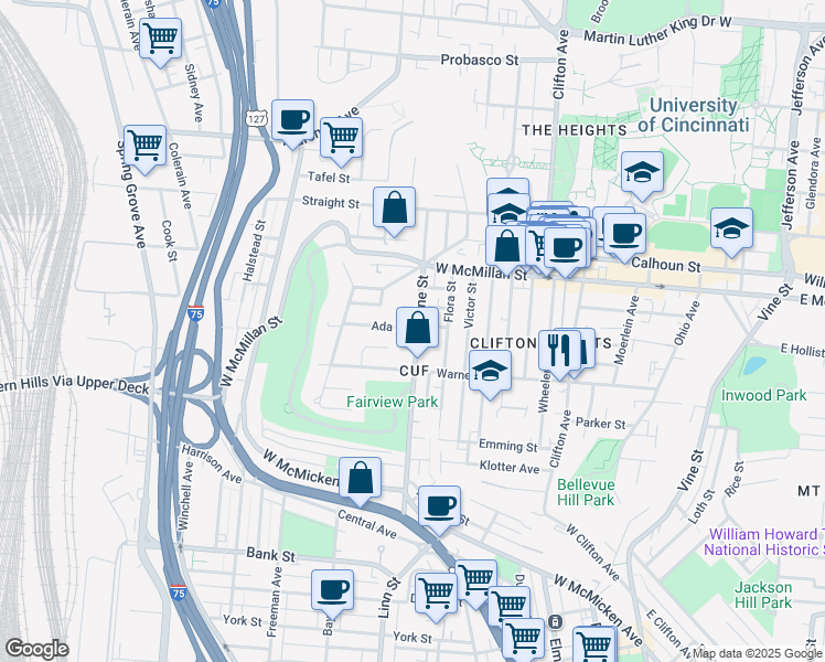 map of restaurants, bars, coffee shops, grocery stores, and more near 412 Tillotson Street in Cincinnati