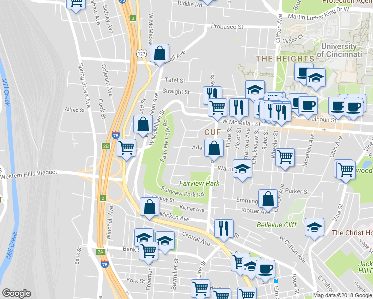 map of restaurants, bars, coffee shops, grocery stores, and more near 2321 Muriel Court in Cincinnati