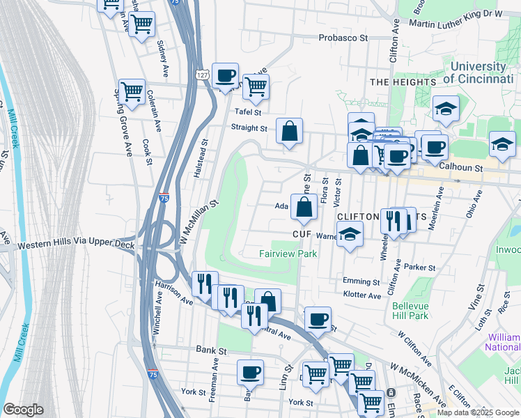 map of restaurants, bars, coffee shops, grocery stores, and more near 2321 Muriel Court in Cincinnati