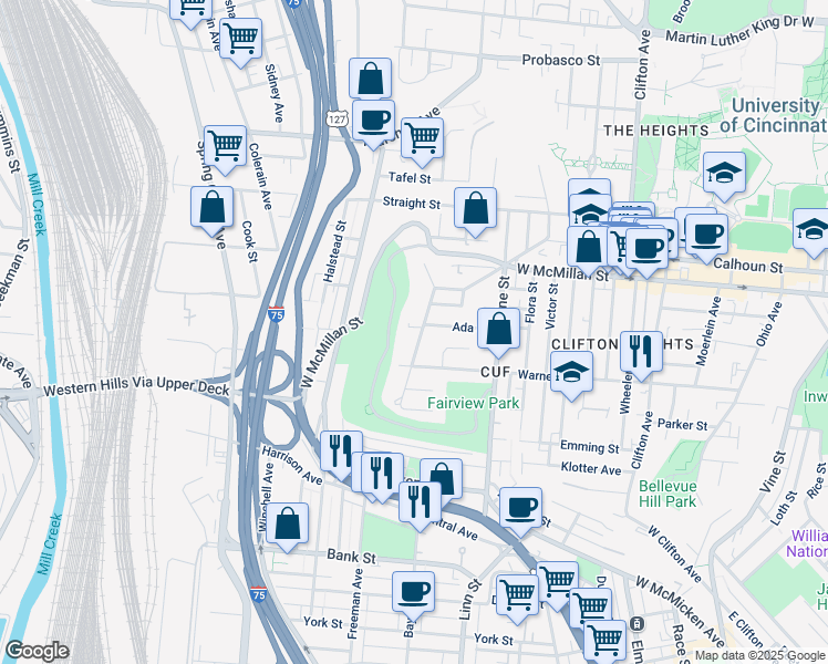 map of restaurants, bars, coffee shops, grocery stores, and more near in Cincinnati